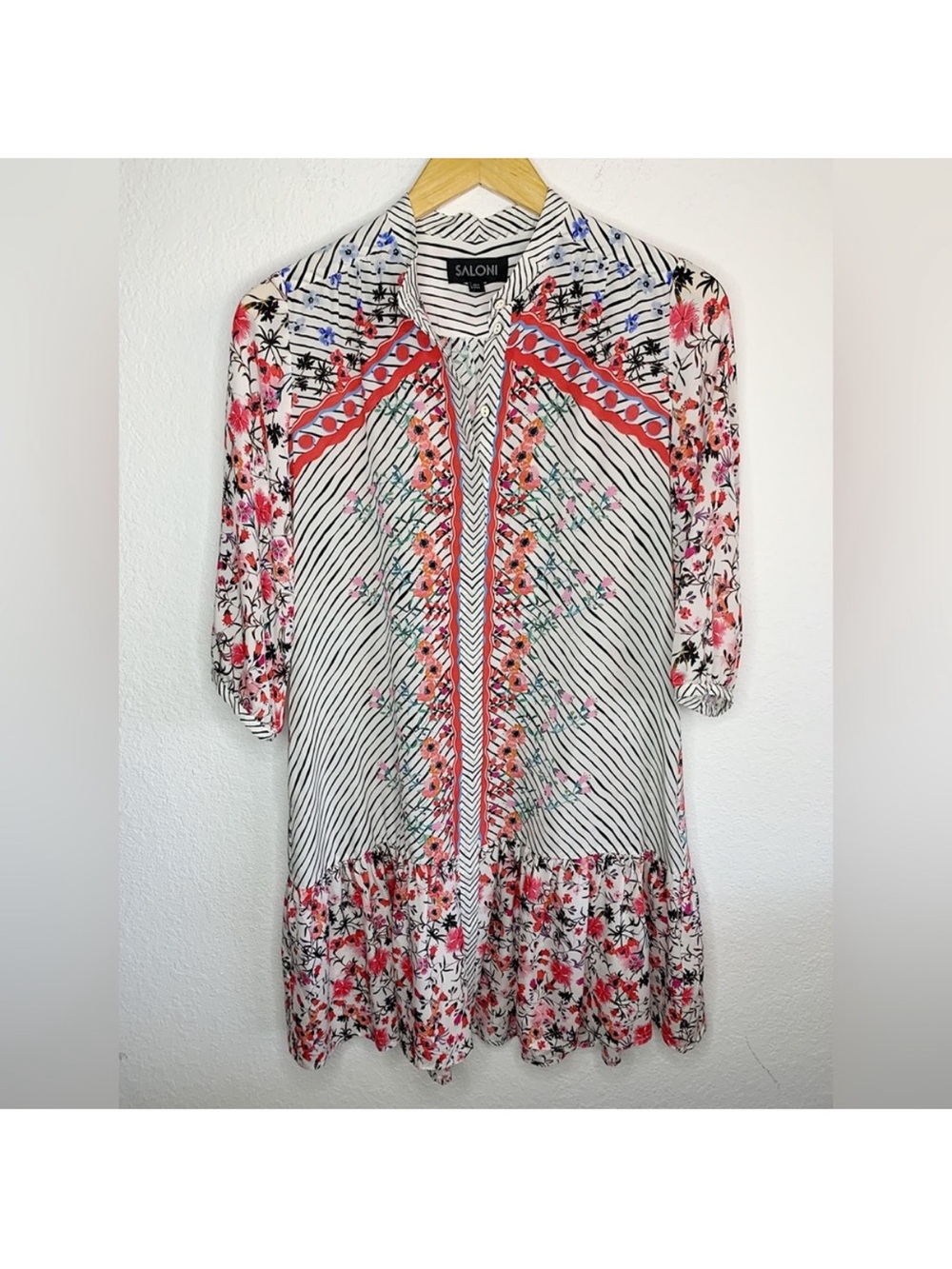 SALONI 'Tyra' White & Black Stripe Floral Print A-Line 3/4 Sleeve Shirt Dress